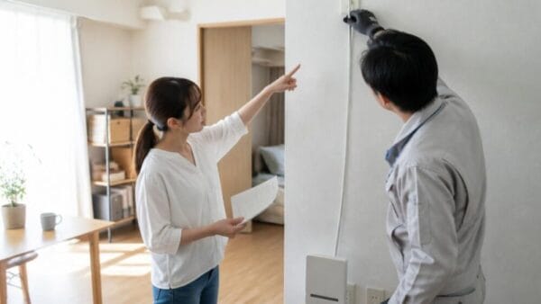 賃貸マンションで光回線工事の確認をする入居者と作業員のイメージ（AI生成イメージ）