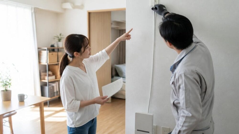 賃貸マンションで光回線工事の確認をする入居者と作業員のイメージ（AI生成イメージ）