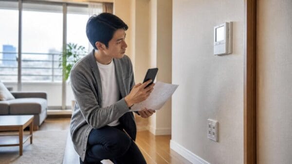 マンションの室内でインターネット設備と契約内容を確認する様子（AI生成イメージ）