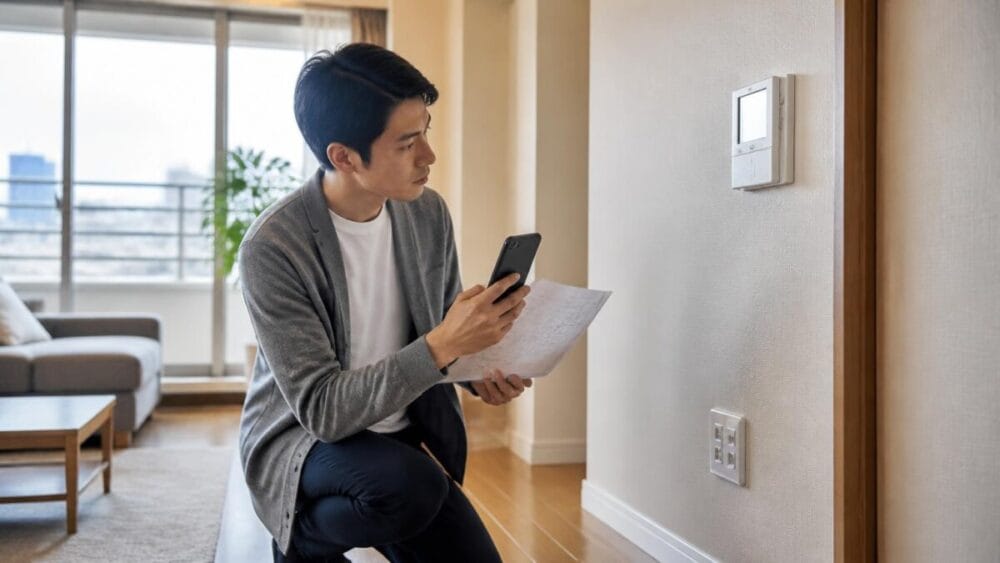 マンションの室内でインターネット設備と契約内容を確認する様子（AI生成イメージ）